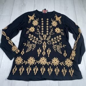 Johnny Was Women's Small Georgina Raw Seam Henley Shirt Black Boho Chic